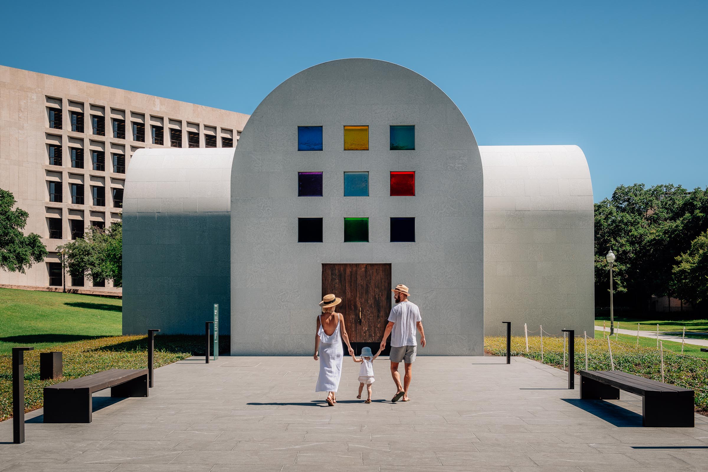 Traveling family at Ellsworth Kelly Blanton Museum Austin TX