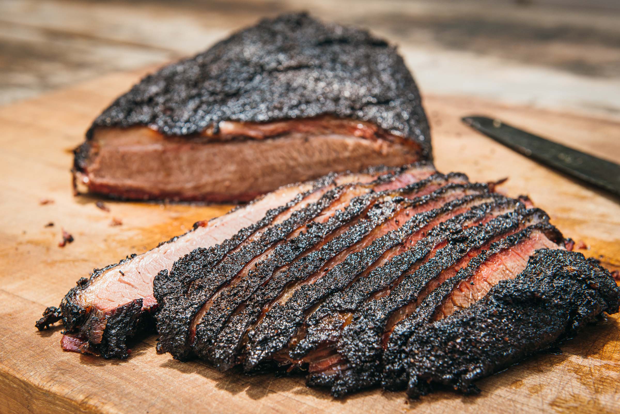 Sliced Brisket at rest, seasoned and marbled  - LaBarbecue-Brisket-Austin-TX