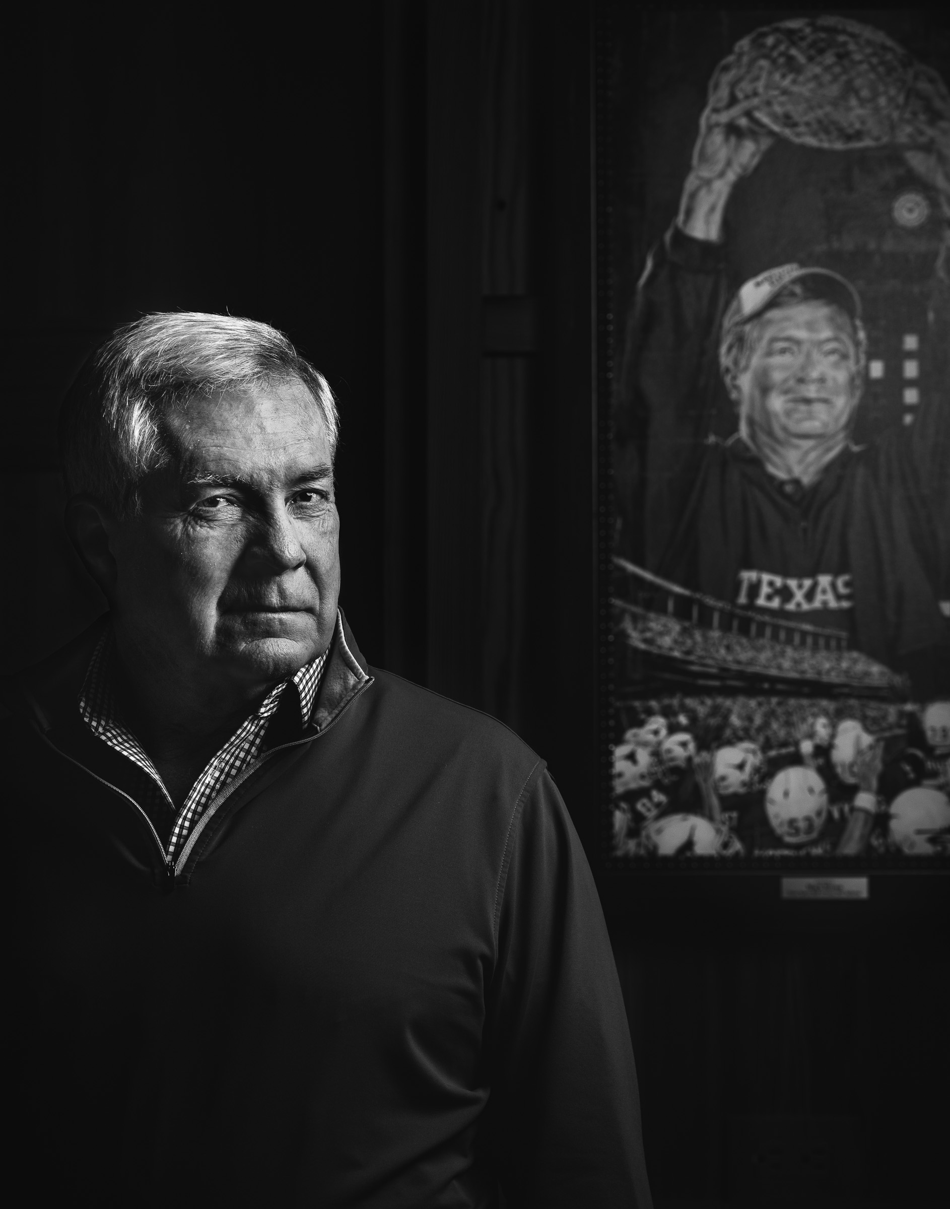 Moody black-white editorial portrait of Mack-Brown-College-Football-Coach