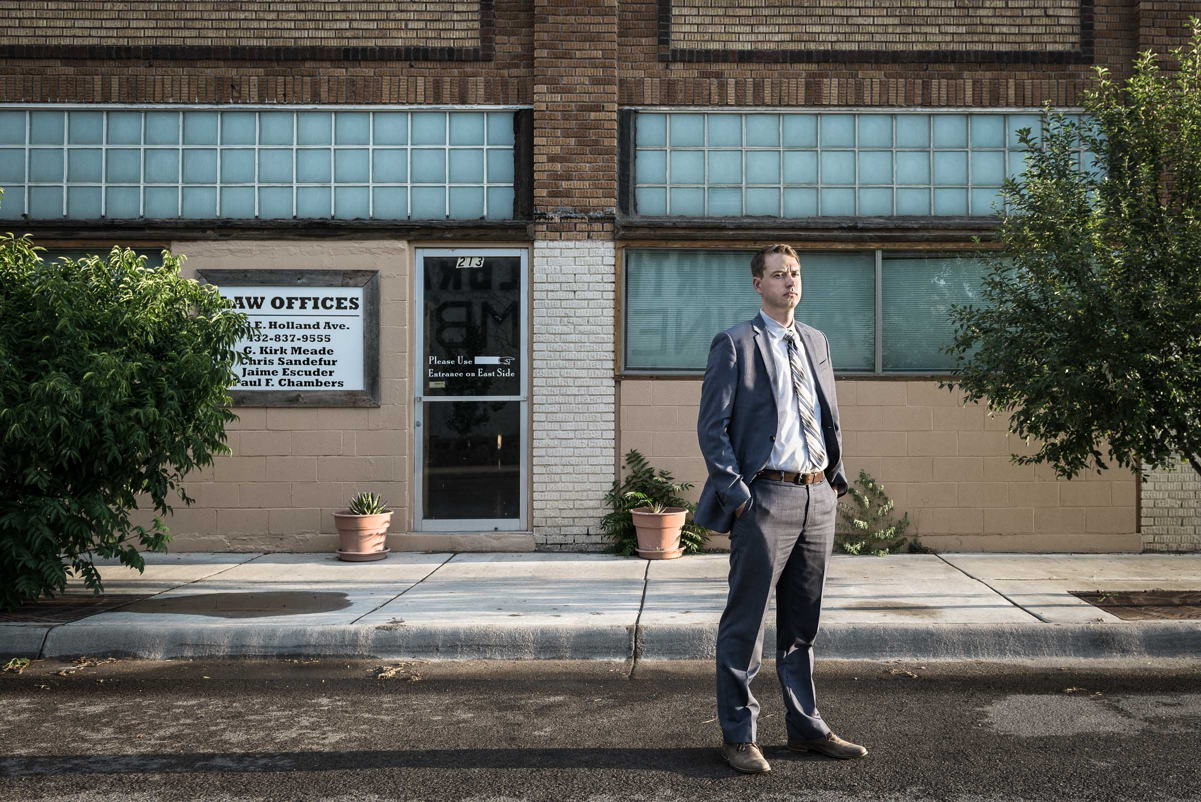 Documentary portrait -Paul-Chambers-Attorney-outside his office Alpine-Texas