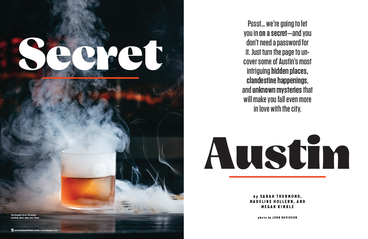 Secret Austin Feature - Smoking Cocktail on a dark bar